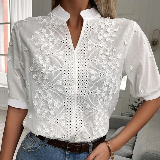 Evelyn - Stylish White V-neck Printed Blouse for Women